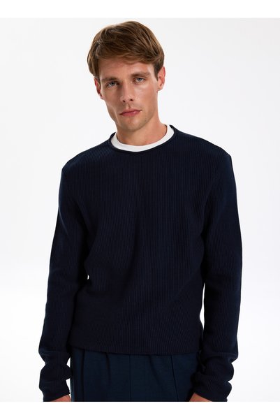 Crew Neck Basic Plain Navy Blue Men's Sweater J4Wm-Kzk4300