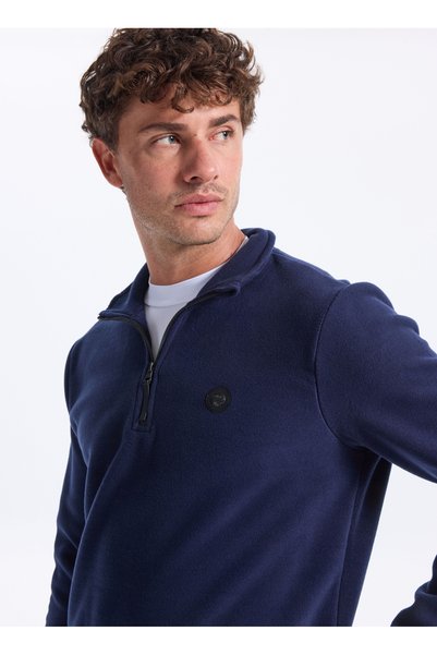 D5Wm-Swt3300 Navy Blue Zipper Collar Basic Plain Men's Fleece Sweatshirt