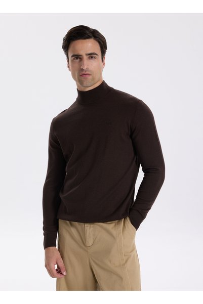 Half Turtleneck Basic Plain Coffee Men's Sweater F5Wm-Kzk 2554