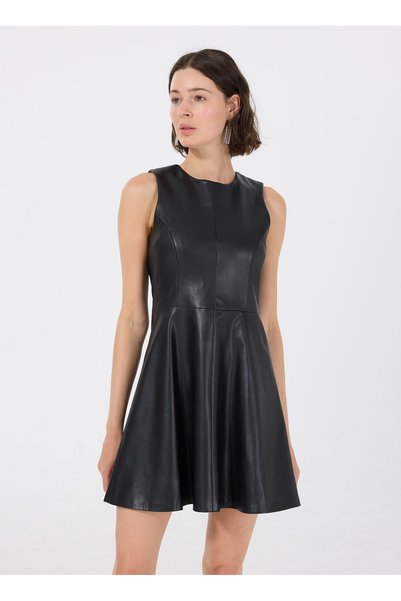 Crew Neck Plain Black Mini Women's Dress F5Wl-Elb0400