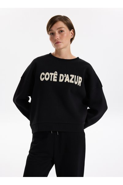Crew Neck Embroidered Black Women's Sweatshirt F5Wl-Swt0230