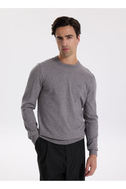 Crew Neck Slim Fit Plain Gray Melange Men's Sweater F5Wm-Kzk 2883