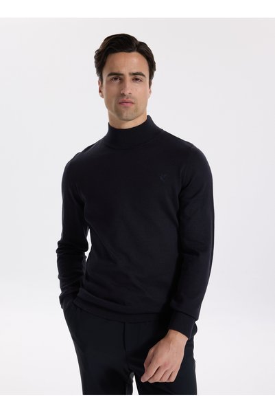 Half Turtleneck Basic Plain Navy Blue Men's Sweater F5Wm-Kzk 2554