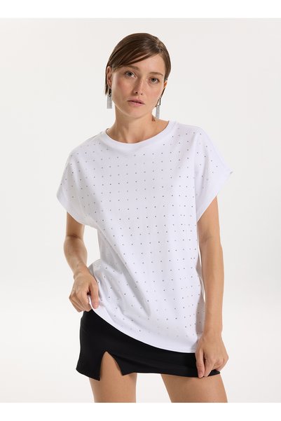 Crew Neck Stone White Women's T-Shirt F5Wl-Tst0247