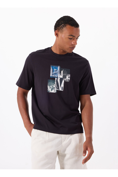 Crew Neck Printed Dark Navy Men's T-Shirt Xm000269 Af12112 Ub101 T-Shirt