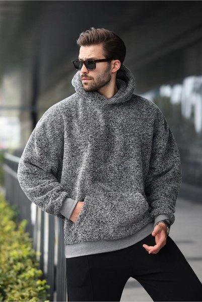 Gray Plush Hooded Men's Sweatshirt 6050