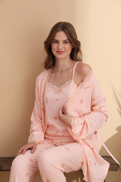 Heart Love Pattern Cares Knit Stretch Fabric Long Sleeve Women's 3-Piece Robe Pajama Set