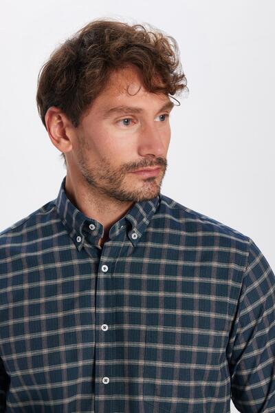 Classic Fit Long Sleeve Button Collar Small Plaids Cotton Khaki Men's Shirt