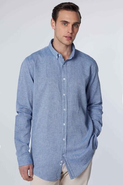 Машка Slim Fit тесна кројка со долги ракави ленена Premium серија со копчиња на јаката спортска сина кошула