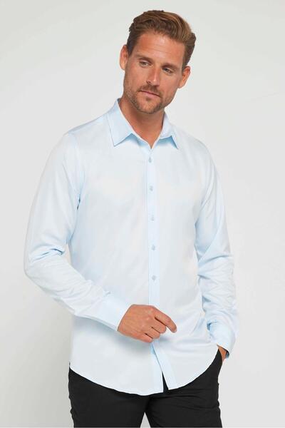 Slim Fit Long Sleeve Easy-Iron Sweat-Comfortable Tie-Down Collar Four Seasons Blue Men's Shirt