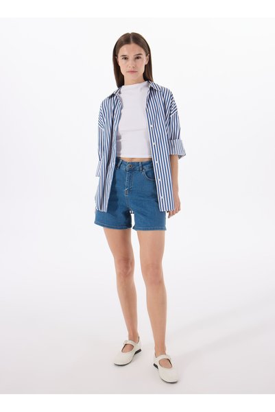 Lemon Normal Waist Relaxed Navy Blue Women's Denim Shorts L5Sl-Srt9047