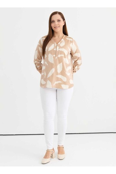 V-Neck Printed Beige Women's Blouse 25Ysl8131