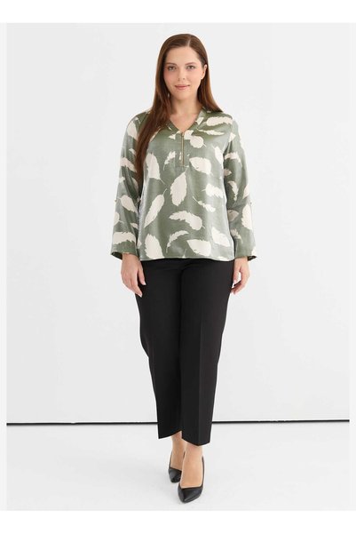 V-Neck Printed Khaki Women's Blouse 25Ysl8131