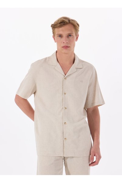 Relaxed Beige Embroidered Men's Shirt M5Sm-Gml1048