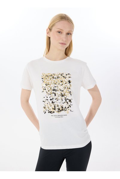 Lemon Round Neck Printed Ecru Women's T-Shirt L5Sl-Tst5815