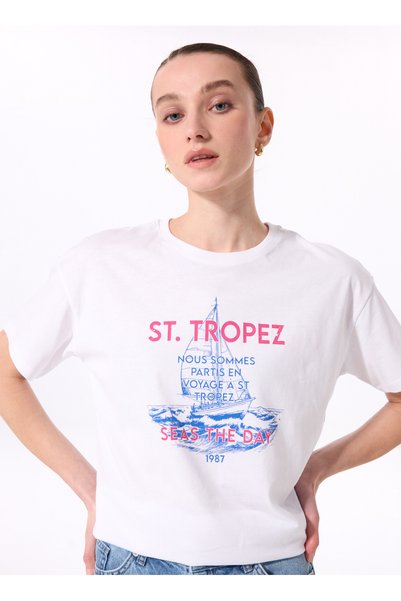Crew Neck Printed White Women's T-Shirt F5Sl-Tst0462