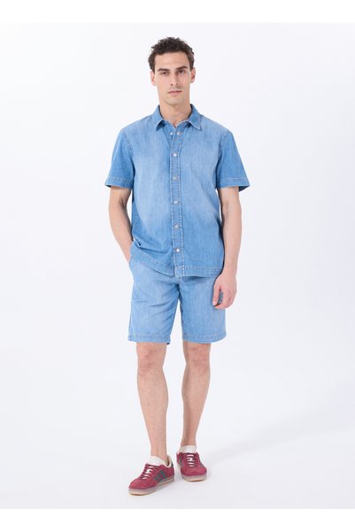Blue Men's Regular Waist Standard Fit Washed Denim Shorts M5Sm-Srt1110
