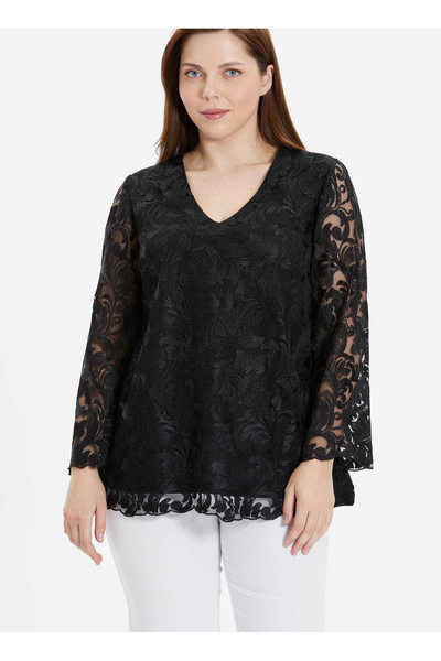 V-Neck Guipure Black Women's Blouse 25Ysl8046-Bb