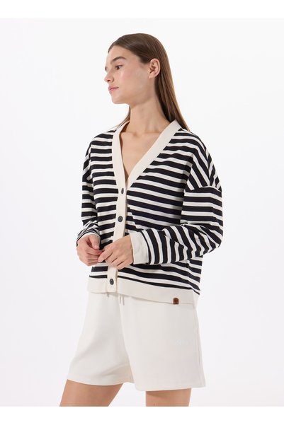 White Women's V Relaxed Striped Cardigan J5Sl-Hrk7860