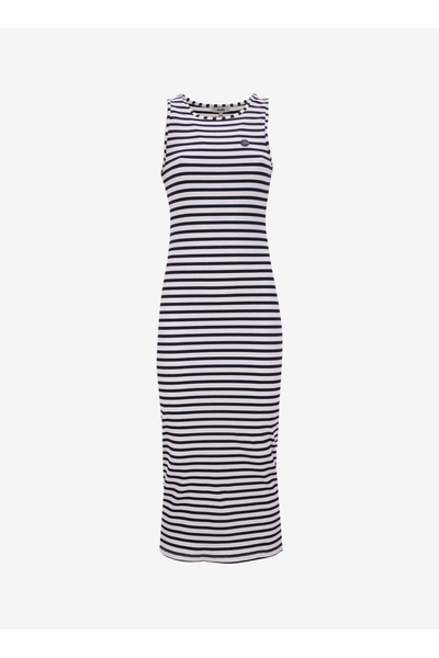 Crew Neck Striped White - Navy Blue Midi Women's Dress J5Sl-Elb7179