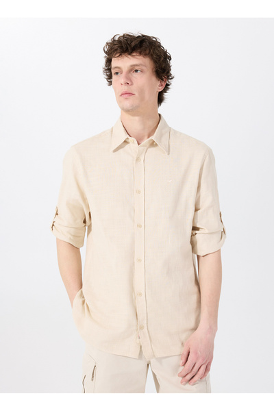 Relaxed Beige Embroidered Men's Shirt M5Sm-Gml1059