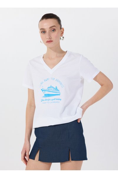 V-Neck Printed White Women's T-Shirt F5Sl-Tst0461