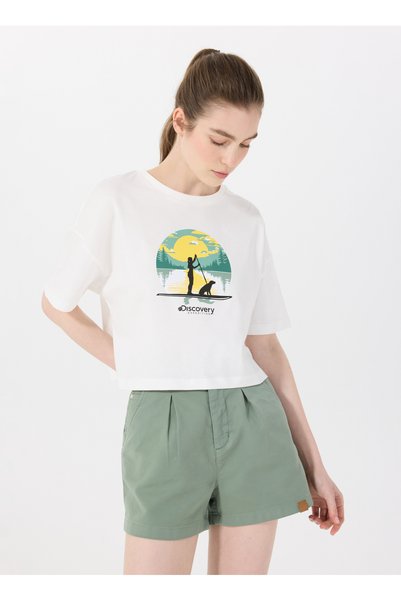 D5Sl-Tst3643 Off-White Crew Neck Crop Printed Women's T-Shirt