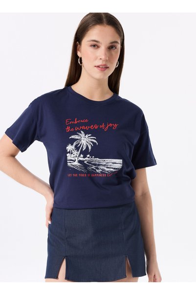 Crew Neck Printed Navy Blue Women's T-Shirt F5Sl-Tst0465