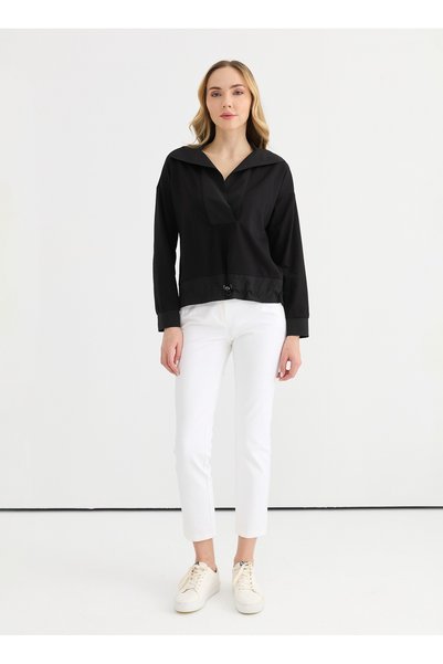 Hooded Collar Plain Black Women's Blouse 25Ysl8025