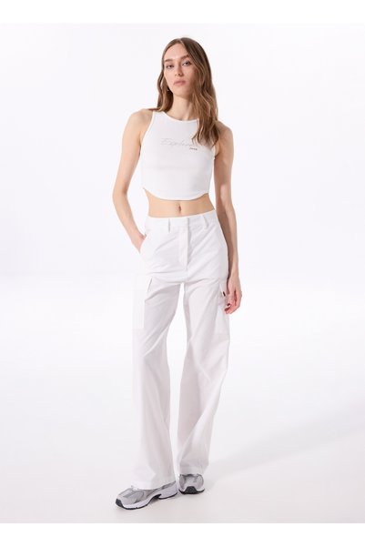 Regular Waist Loose Cut White Women's Trousers J5Sl-Pnt7871
