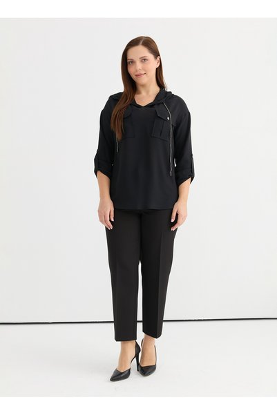 Hooded Collar Stoned Black Women's Blouse 25Ysl8031-Bb