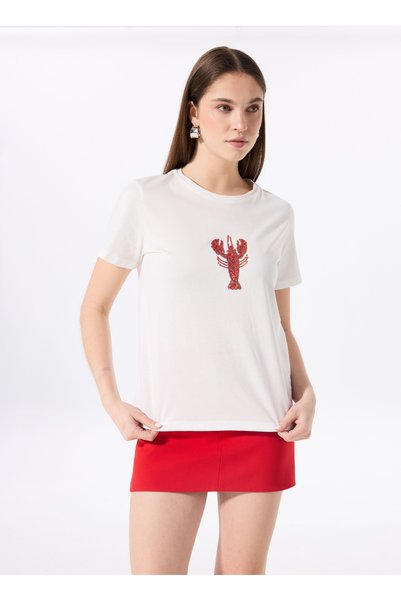 Crew Neck Sequined Off-White Women's T-Shirt F5Sl-Tst0385