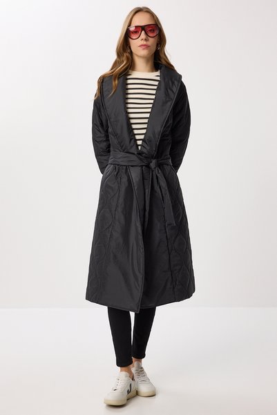 Belted Shawl Collar Quilted Coat Black Ldz0010