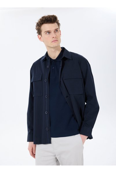 Basic Shirt Collar Plain Navy Blue Men's Shirt F5Sm-Gml 2743