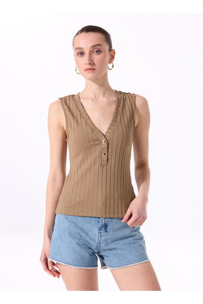 V-Neck Ribbed Khaki Women's Undershirt F5Sl-Tst0110