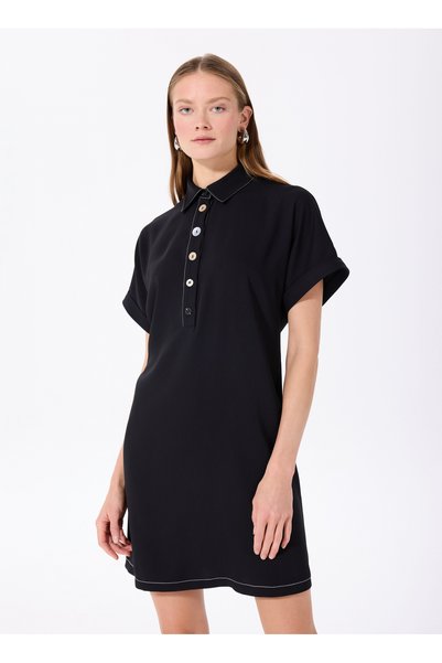 Black Women's Shirt Collar Comfortable Fit Dress Fc5Sl-Elb0074