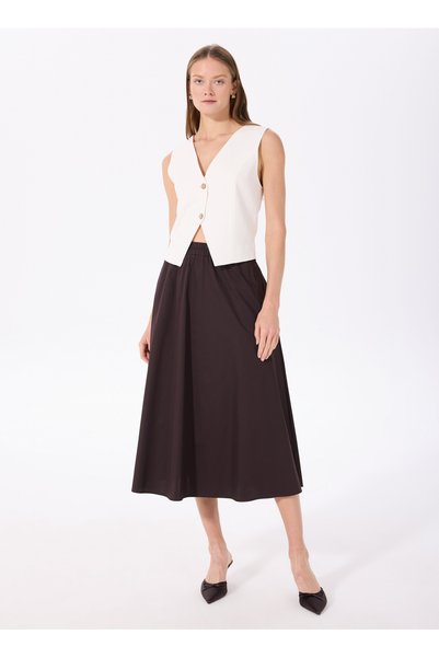 Elastic Waist Brown Women's Straight Midi Skirt F5Sl-Etk0041