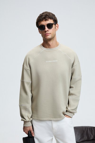 Hal Men's Round Neck Printed Regular Fit Stone Color Sweatshirt with Decorative Stitching Detail on Front and Sleeves