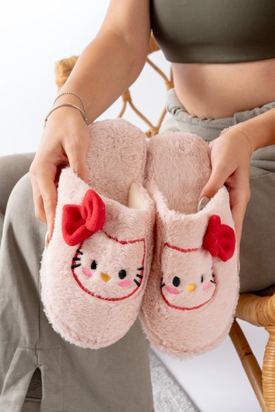 Figured Ribbon Detailed | Bow Winter Unisex House Slippers