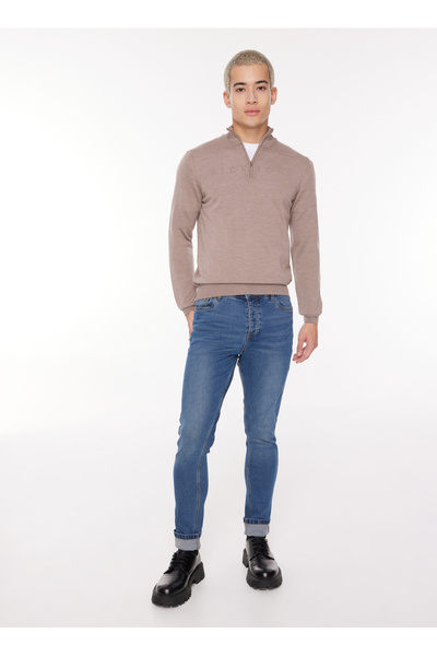 Zipper Collar Slim Fit Brown Men's Pullover WM63_ZMG9