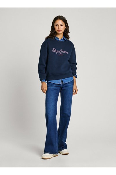 Round Neck Printed Navy Blue Women's Sweatshirt Pl581460