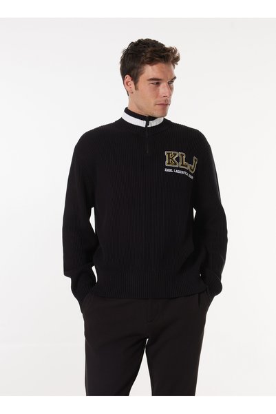 Jeans Stand Collar Relaxed Printed Black Men's Sweater 245D2001_Klj Relaxed Halfzip Logo S