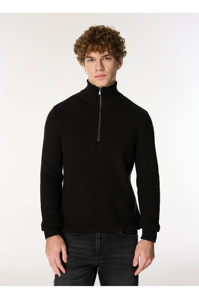 Zippered Collar Regular Knit Patterned Black Men's Sweater M4Wm-Kzk-1813
