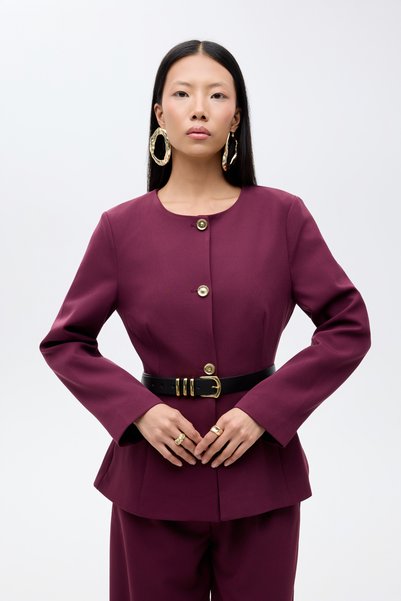 Round Neck Jacket with Belt Accessories Plum