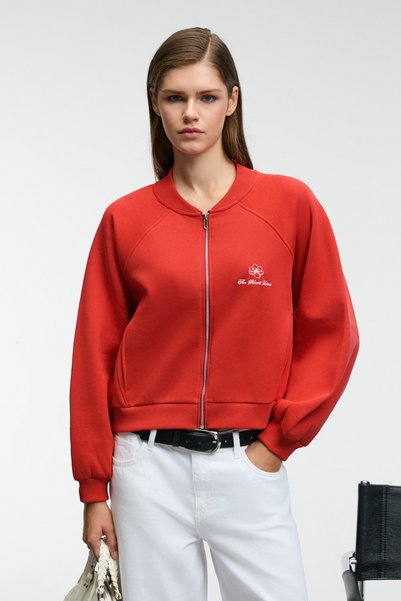 Yasvell Women's Metal Zipper Double Pocket Embroidery Detail Balloon Sleeve Bomber Red Jacket