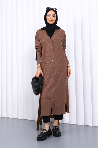 Dark Mink Cold Yarn Buttoned Knit Cardigan