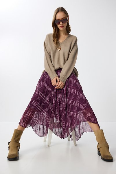 Patterned Wrinkled Effect Midi Chiffon Skirt Lns0082 Mürdüm