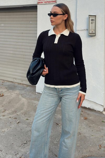 Black Garnished Buttoned Polo Neck Women's Knitwear Sweater