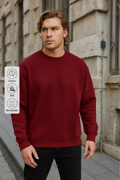 Men's Crew Neck Casual Burgundy Sweatshirt