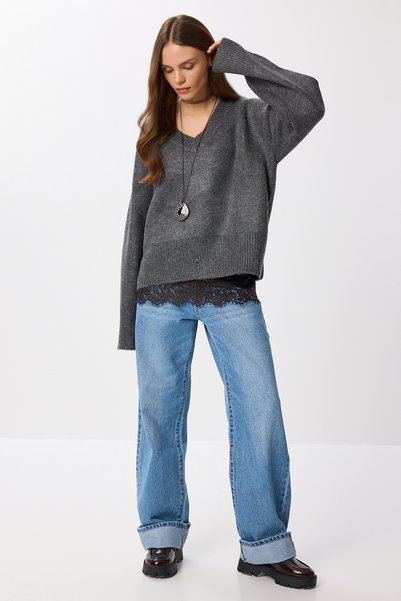 Oversize V-Neck Soft Knit Sweater Lns0081 Anthracite